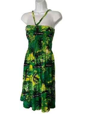 LA LEELA Halter SunDress S Smocked Bodice Green Palm Trees Caribbean Theme Boho